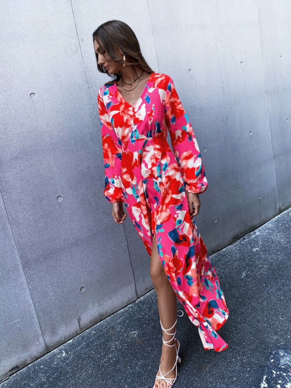 🌹 LULUs Carolita Magenta Floral Long Sleeve Maxi Sundress SMALL. Great Cond!